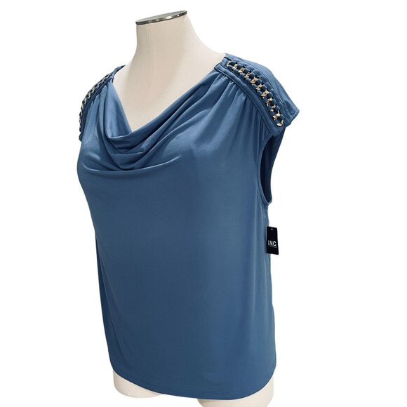 INC Blue Cowl Neck Cap Sleeve Top Plus SZ 3X Gold Chain Shoulder Embellished NWT - Picture 8 of 12